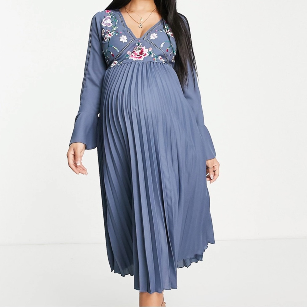ASOS DESIGN Maternity embroidered pleated midi dress in blue